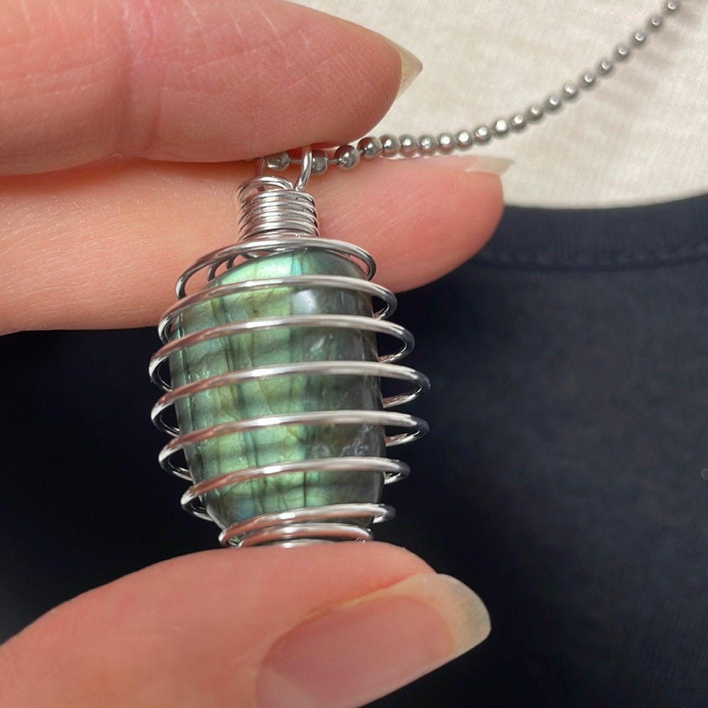 Labradorite Cage Charm on Silver Colored Chain (2)